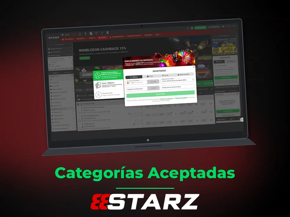 888Starz - Categorías Aceptadas